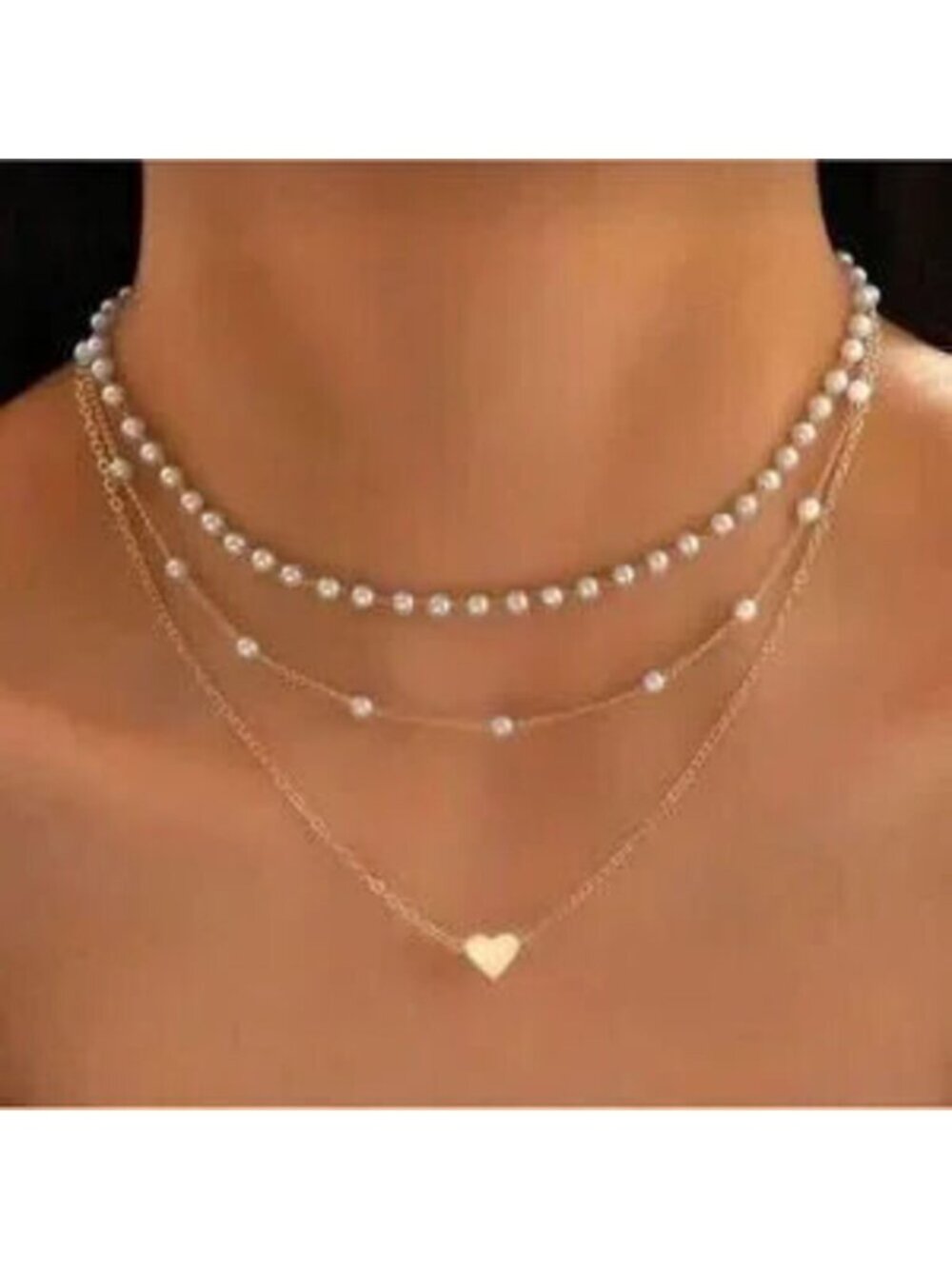 Gold Tone Layered Pearl Heart Necklace 1pc Chain Statement Necklace Gift Dainty